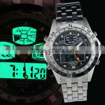 Brand New mens man analog digital alarm black face stainless steel sport quartz watch