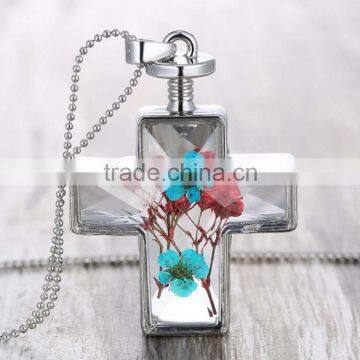 Pressed Flower Multi-Colored Cross Pendant Necklace