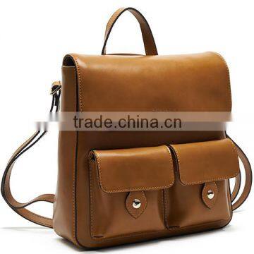 New arrival fashion brown leather backpack with many pockets