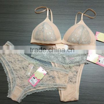 Hot Sale Sexy Fancy Wire-free Transparent Lace Triangle Thong Panty Set