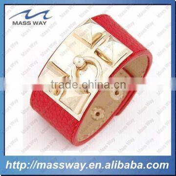 fashion customized cool metal PU genuine red leather wrap bracelet                        
                                                Quality Choice