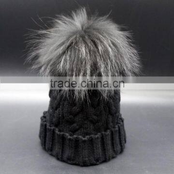 Wholesale big 18cm fur pompoms woolen knit cap and hat with real raccoon fur pompoms winter hat