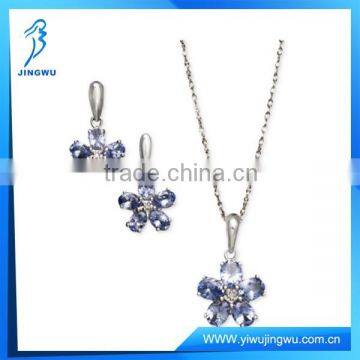 Tanzanite and Diamond Flower Silver Earrings and Necklace Set