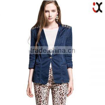 beautiful beaded high quality blue denim long women jeans jackets JXQ505
