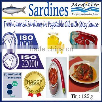 Fresh Canned Sardines in Vegetable Oil with Spicy Sauce,High Quality Sardines,Sardines in cans with Spicy Sauce125g