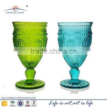 Sun Flower Green blue colored Glass Stemmed Goblets dinnerware Set of 6 Base Clear Glass