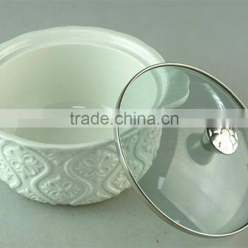 Cream Ceramic Enbossing Soup Tureen With Glass Cover/lid in Stocklot for Home Use photo-2