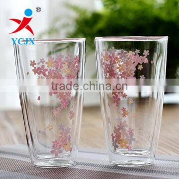 500ML High Quality Little Flower Clear Double Layer Glass Water Cup