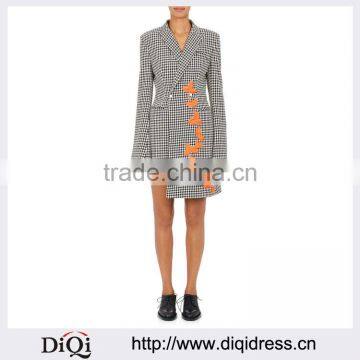 Customized Lady Apparel Orange-flowers Embroidered Double-breasted Botton Wool Mini Dress(DQM022D)