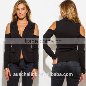 Custom Black Long Sleeve Cold Shoulder Cut Out Sexy Blazer photo-6