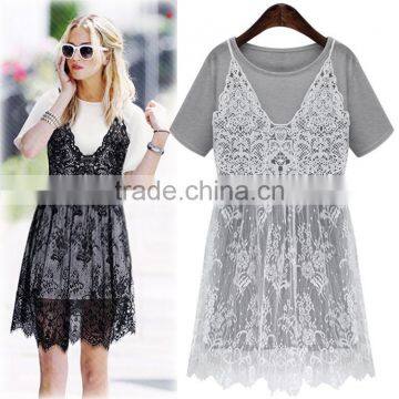 GZY 2015 Leisure Ladies Black Lace and White T-shirt Vestidos Casuales