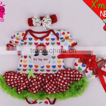 Christmas Santa Claus pattern polka dot princess short sleeve romper sets,including romper,headband and shoes