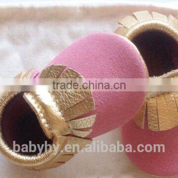 Pink and gold moccasin baby shoes genuine leather soft sole for boy and girl