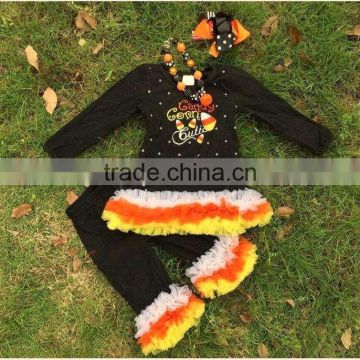 bulk order 30 sets girls black ruffle pants sets kids candy corn clothing Halloween long sleeve sets with necklace and headband