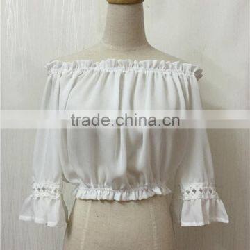 Short Sleeve Plain Textured Woven Women off Shoulder Blouse photo-5