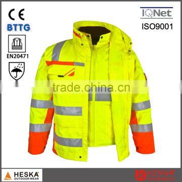 EN20471 EN343 3:3 high visibility 3 in 1 parka safety reflector jacket