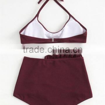 Ruffle Lady Ribbed Swimsuit Halter Top Bikini High Waist photo-2