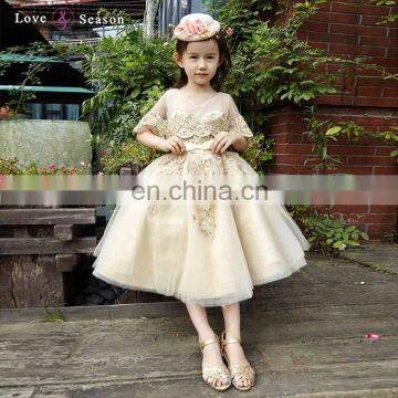 XXLF130 golden birthday party appliques korean flower girl tulle dress for girl of 5 years old