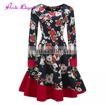 Wish Hot Sale elegant red flower printing latest fashion vintage latest dress patterns ladies