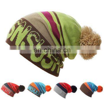 China factory Striped Winter warm Knit Beanie knitted big pom Ski Cap Hat