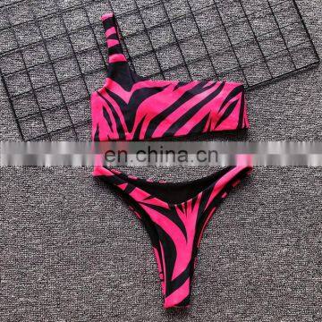 2019 Sexy Zebra Bikini Set One Shoulder Women Swimsuit High Cut Swimwear Neon Green Red Bandeau Brazilian Beachwear New