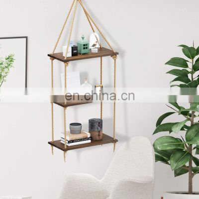 3 Tier rope Window Storage Shelves Hanging Wall Shelves for Living Room wooden wall rope floating shelf