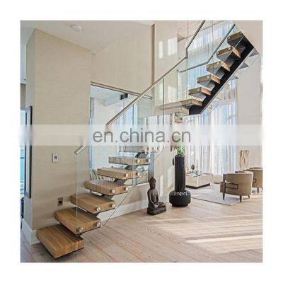 Wooden Staircase Carbon Steel Indoor Glass Railing Wooden Straight Steel Stairs