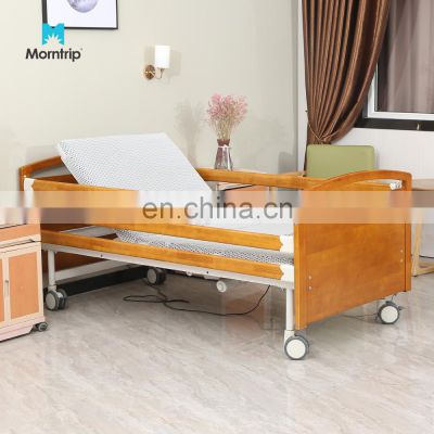 Home Care Luxurious Adjustable Wooden 3 Functions Electric Comfortable Hospital Elderly Bed with Wheels