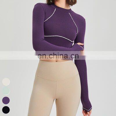 Breathable Running Fitness Clothing Contrasting Colors Crop Top Small High Neck Sports Tops Women Long Sleeve Yoga T Shirt