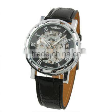 New Mens Black Leather Band Automatic Mechanical Watch