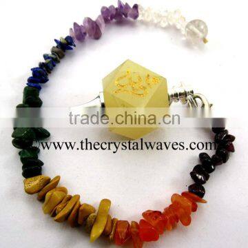 Yellow Aventurine Om Engraved Hexagonal Pendulum With Chakra Chips Chain