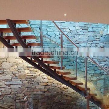 Frameless Glass Railings curved staircase /double stringer wood stairs