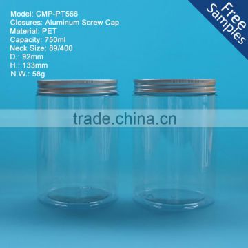 Round clear 750ml plastic PET jars, 750g 25oz Clear PET plastic jar with aluminum cap