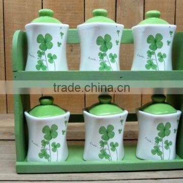 Fresh Decal Ceramic Kitchen Food Canisters Set with Wooden Stand