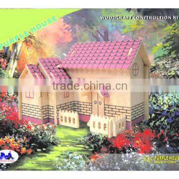 Wholesale New DIY Wooden Assembled ToY:Purple House 3D PUZZLE WOOD Toy