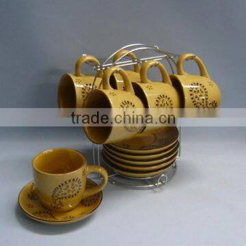 Hand printing ceramic custom tea set with saucer and rack