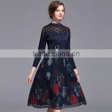 Girls fency lace plicated dress splicing flower print dress