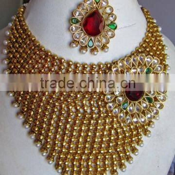 GOLD Plated Maroon Red Polki Pearl Bollywood Necklace EARRING Bridal WEDDING Set photo-2