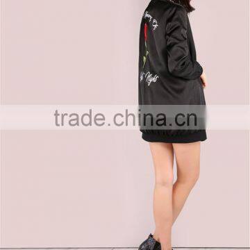 Custom Embroidered Women Longline Satin Bomber Jacket Black Oversized Zip Up Coat With Sides Pockets photo-6
