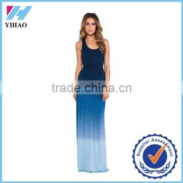 Trade Assurance Yihao Ladies New Sexy Sleeveless Casual Blue Party Alibaba Dresses Side Pleated Design Maxi Dress 2015