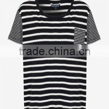 Scoop Neck Short Sleeve Striped T-Shirt with Patched Pocket