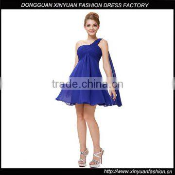 New Fashion China Women One Side Shoulder Chiffon Pleated Mini Dress Ladies Bridesmaid Porm Cocktail Dresses