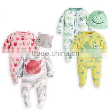 high quality 3 pcs little cartoon monster long sleeve baby bodysuit with hat