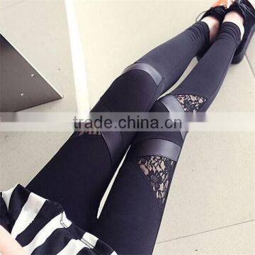 Woman Black Faux Leather Lace Clubwear Pants Leggings Pencil Pants Slim Tight