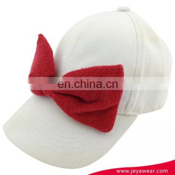 New custom blank 6 panel 100%cotton white baseball cap with red bowknot for girl