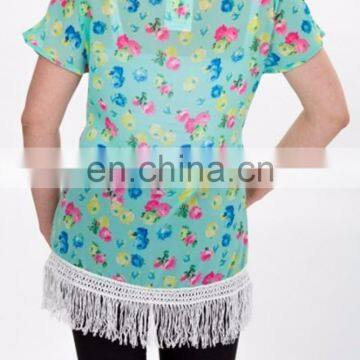 Cheap Wholesale Floral Print no Buttons Sheer Chiffon Ladies Vest With Fringe