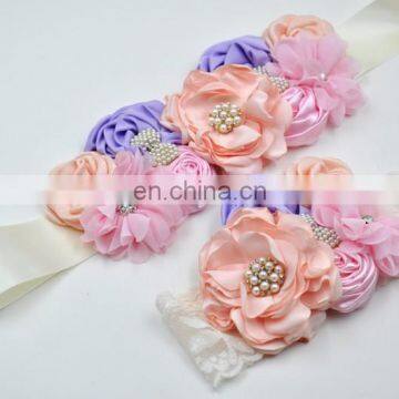 Natural Dainty Floral Beaded Sash Headband Sets Newborn Birthday Gift Maternity Sash Belt Photo Prop