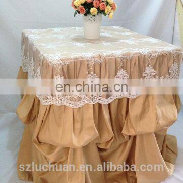 Champagne Satin and Lace Banquet Gathered Table Skirts