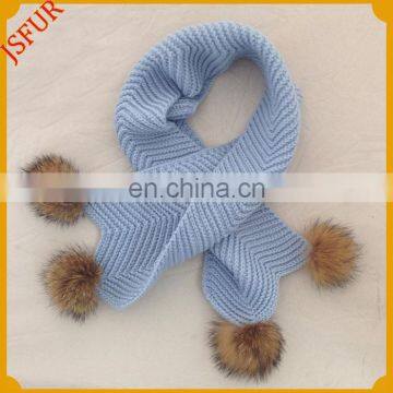 Scarf with real raccoon fur ball winter knit scarf