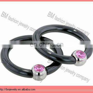 Stainless steel plated black with pink crystal lip ring piercing jewelry